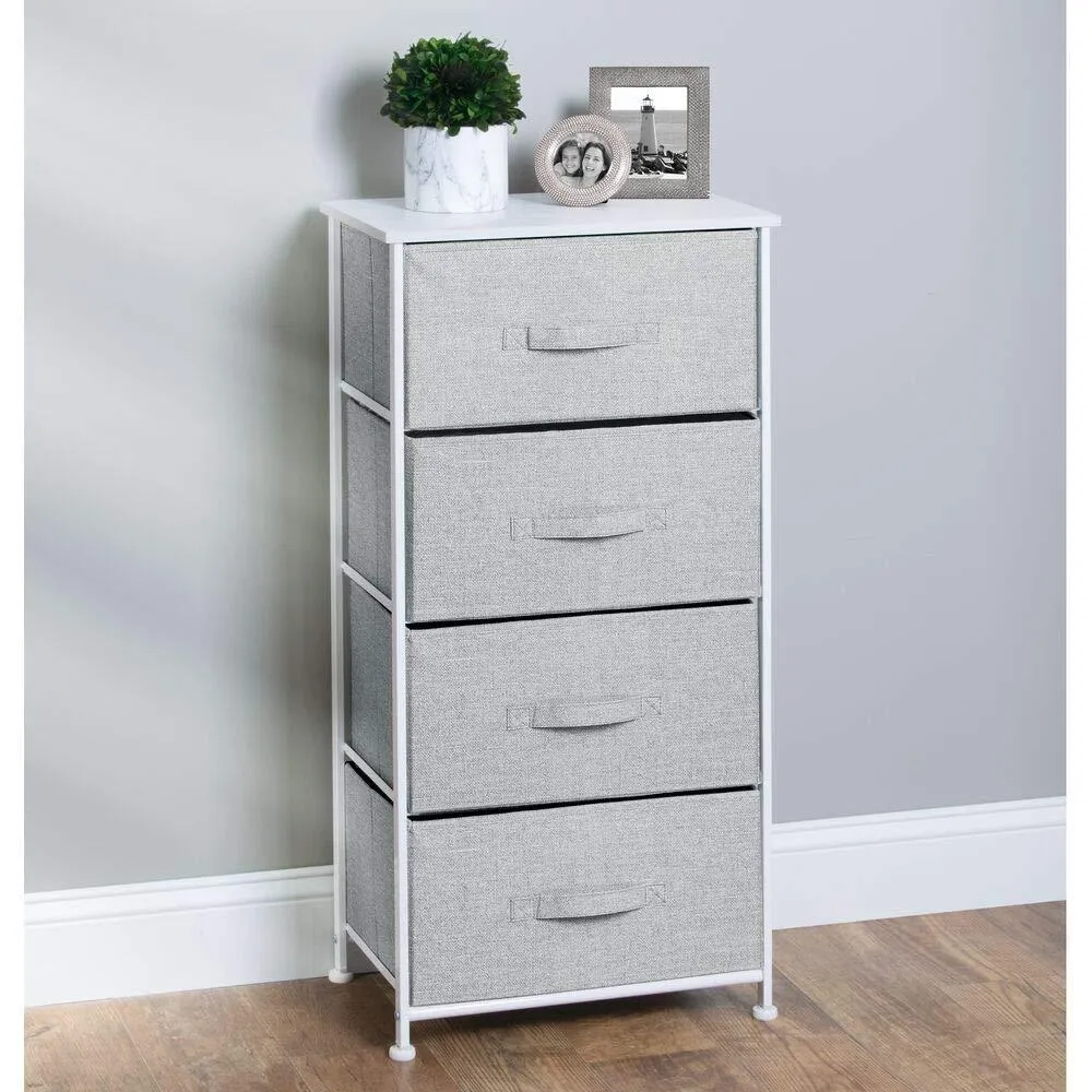 mDesign Vertical Furniture Storage Tower - Sturdy Steel Frame, Wood Top, Easy Pull Fabric Bins - Organizer Unit for Bedroom, Hallway, Entryway, Closets - Textured Print - 4 Drawers - Gray/White