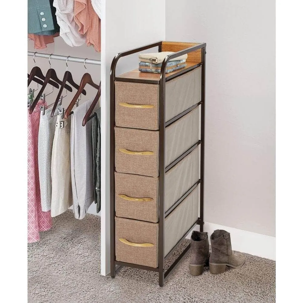 mDesign Vertical Narrow Dresser Storage Tower - Sturdy Steel Frame, Wood Top & Handles, Easy Pull Fabric Bins - Organizer Unit for Bedroom, Hallway, Entryway, Closets - 4 Drawers - Coffee/Espresso