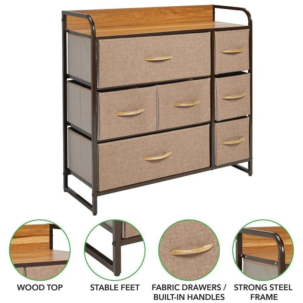 mDesign Wide Dresser Storage Chest, Sturdy Steel Frame, Wood Top, Easy Pull Fabric Bins - Organizer Unit for Bedroom, Hallway, Entryway, Closet - Textured Print, 7 Drawers - Coffee/Espresso Brown