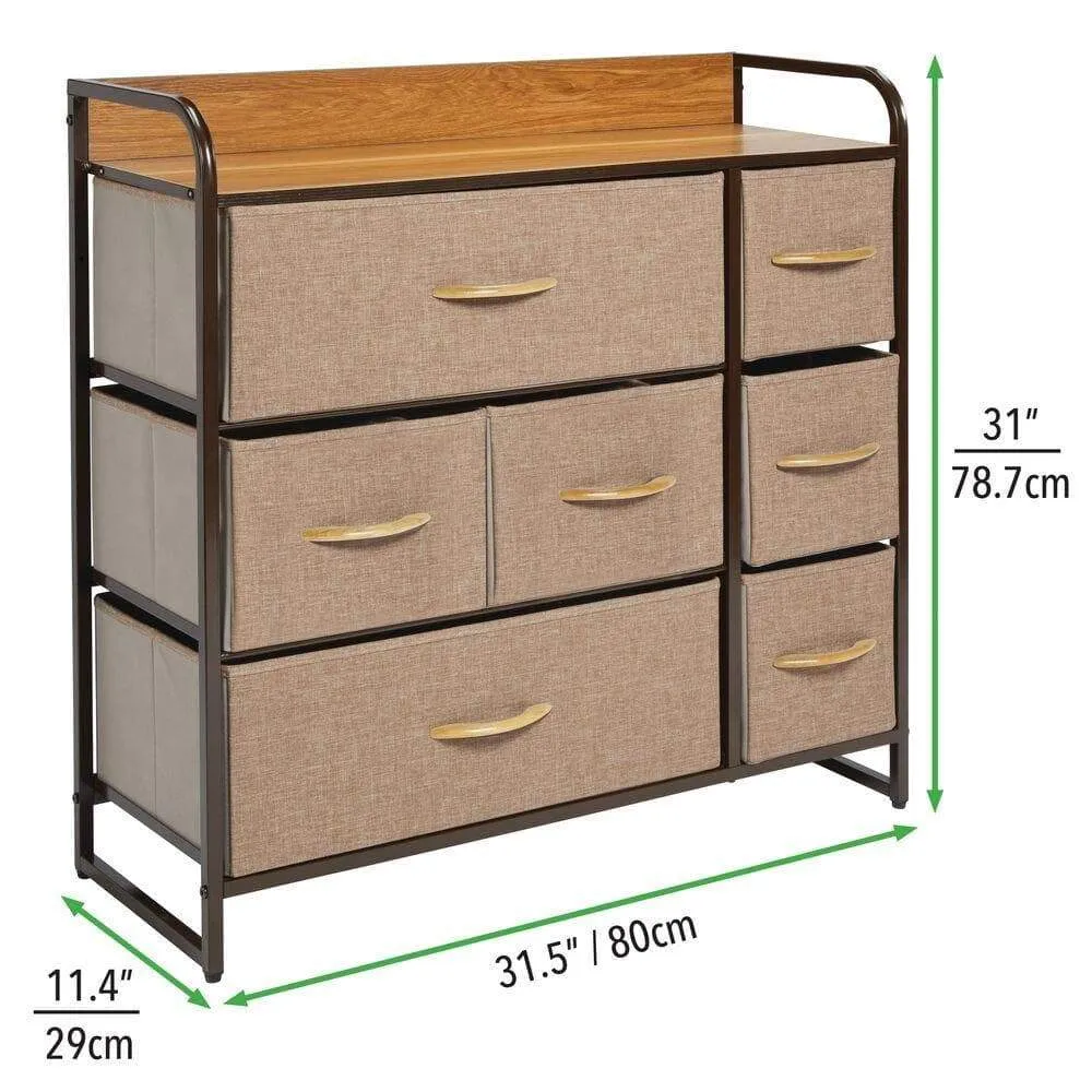 mDesign Wide Dresser Storage Chest, Sturdy Steel Frame, Wood Top, Easy Pull Fabric Bins - Organizer Unit for Bedroom, Hallway, Entryway, Closet - Textured Print, 7 Drawers - Coffee/Espresso Brown