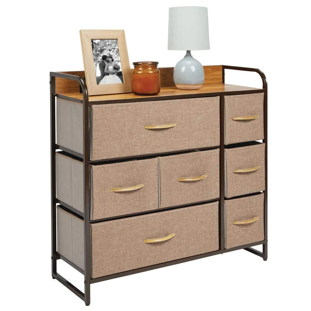 mDesign Wide Dresser Storage Chest, Sturdy Steel Frame, Wood Top, Easy Pull Fabric Bins - Organizer Unit for Bedroom, Hallway, Entryway, Closet - Textured Print, 7 Drawers - Coffee/Espresso Brown
