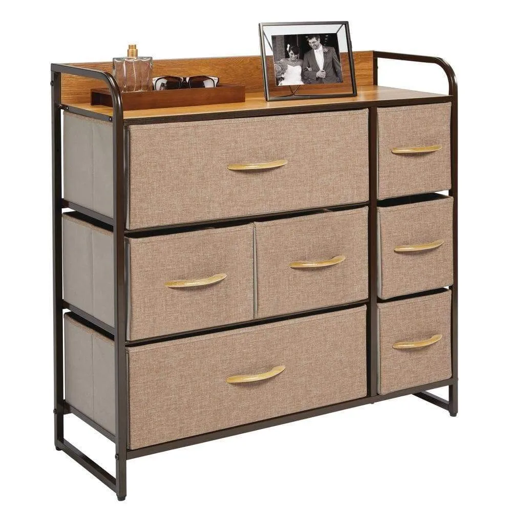 mDesign Wide Dresser Storage Chest, Sturdy Steel Frame, Wood Top, Easy Pull Fabric Bins - Organizer Unit for Bedroom, Hallway, Entryway, Closet - Textured Print, 7 Drawers - Coffee/Espresso Brown