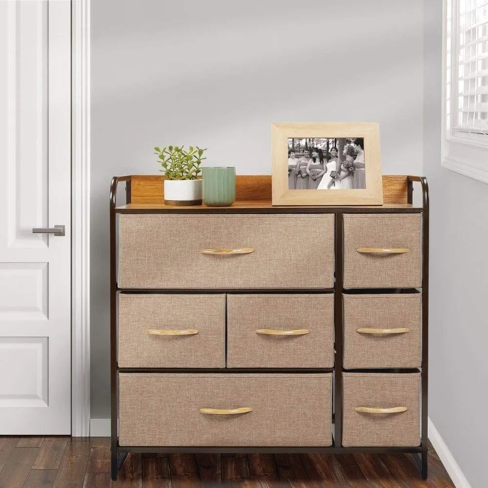 mDesign Wide Dresser Storage Chest, Sturdy Steel Frame, Wood Top, Easy Pull Fabric Bins - Organizer Unit for Bedroom, Hallway, Entryway, Closet - Textured Print, 7 Drawers - Coffee/Espresso Brown