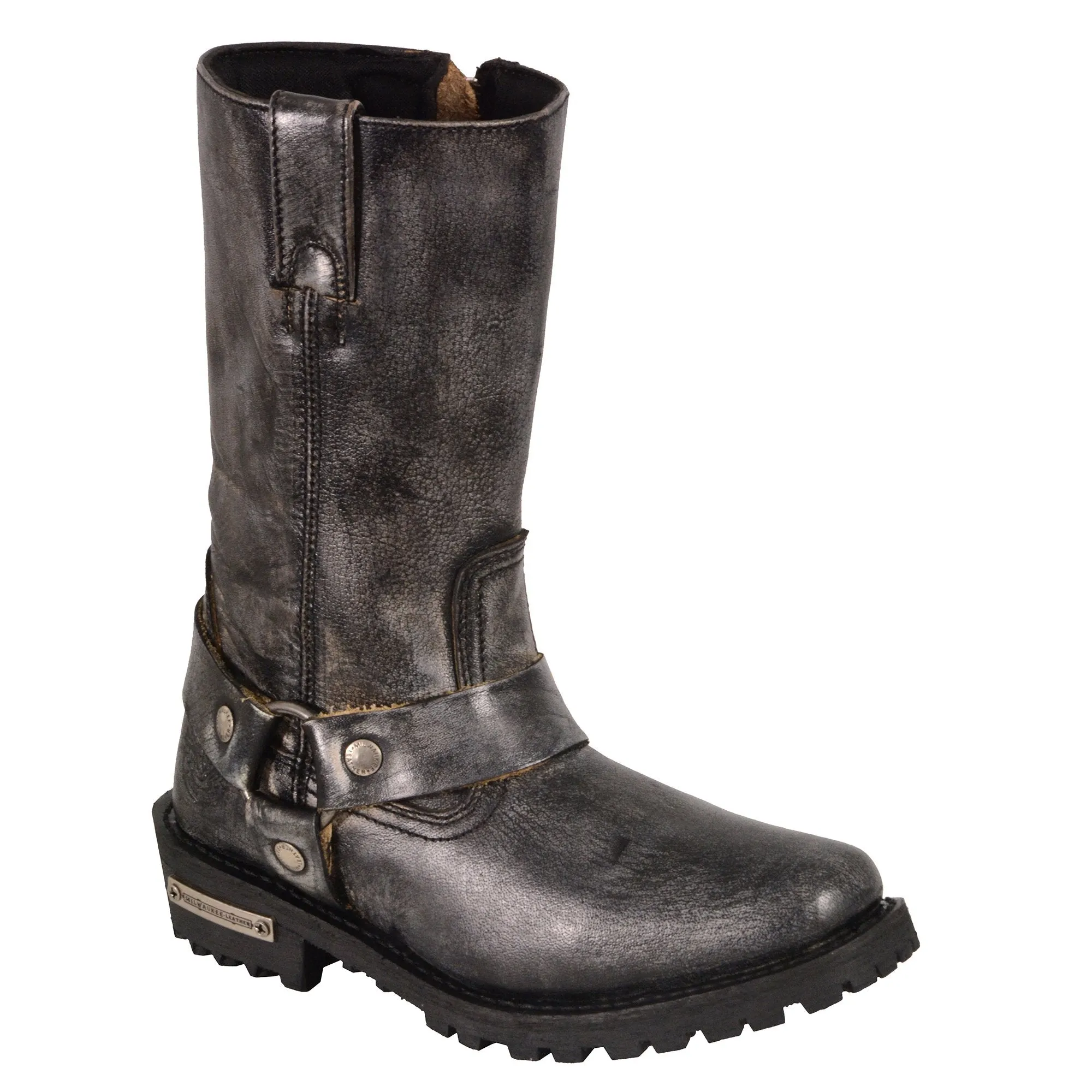 Milwaukee Leather Boots MBL9362  Women's 11in Classic Harness Square Toe Distressed Grey Leather Boots