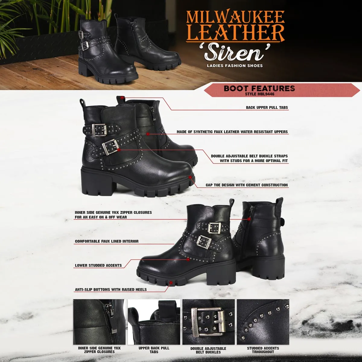 Milwaukee Leather Women's Siren Premium Black Studded Fashion Boots w/