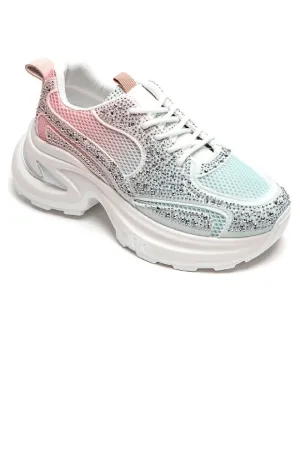 MULTI COLOUR RHINESTONE DETAIL CHUNKY LACE UP SNEAKERS TRAINERS