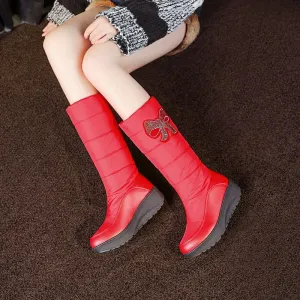 Platform Rhinestone Round Toe Flat Mid Calf Boots
