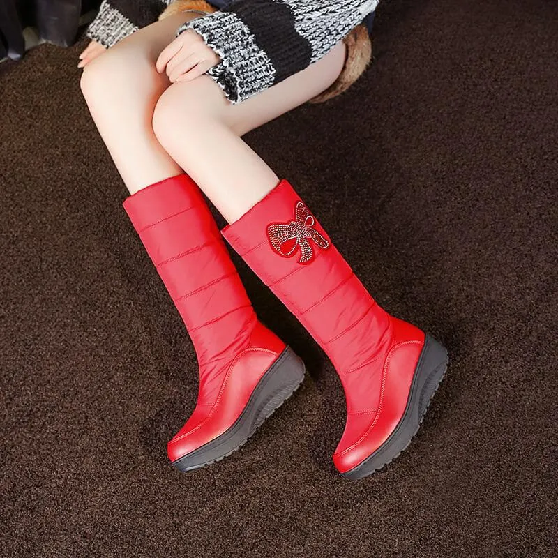 Platform Rhinestone Round Toe Flat Mid Calf Boots