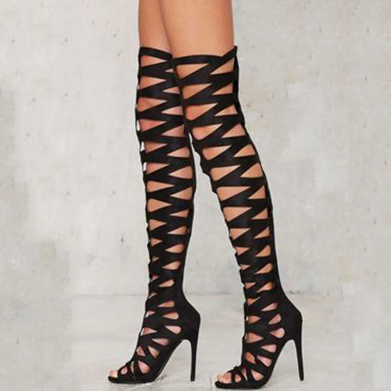 Sexy Peep Toe Cutout High Heel Thigh High Boots