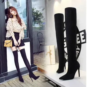 Sexy Sequin Point Toe High Heel Over Knee Boots