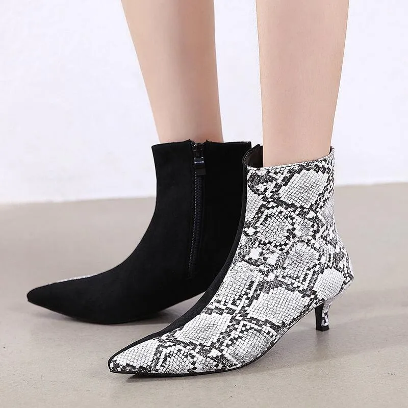 Snakeskin Color Block Pointed Toe High Heel Ankle Boots