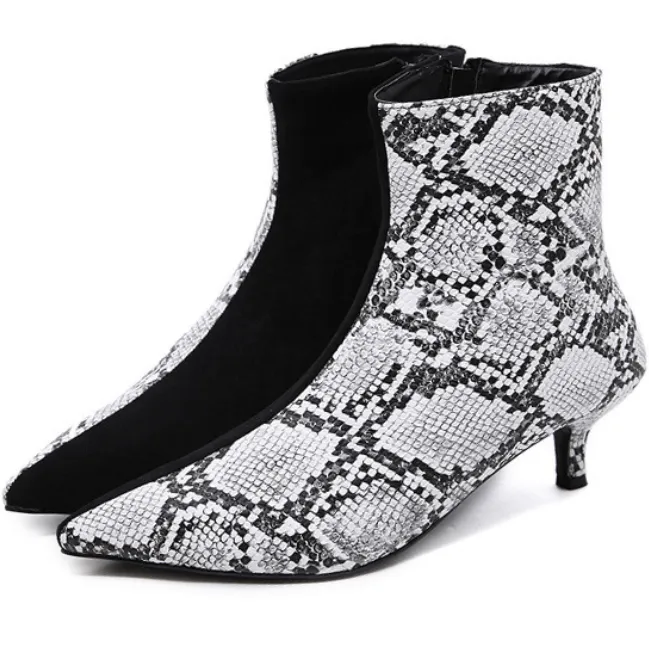 Snakeskin Color Block Pointed Toe High Heel Ankle Boots