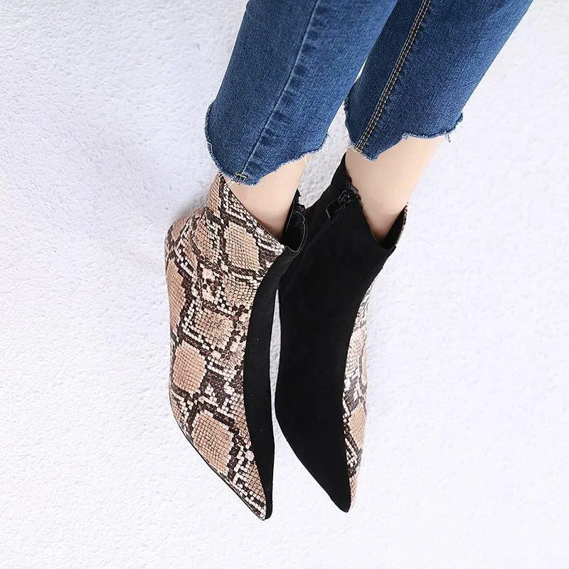 Snakeskin Color Block Pointed Toe High Heel Ankle Boots