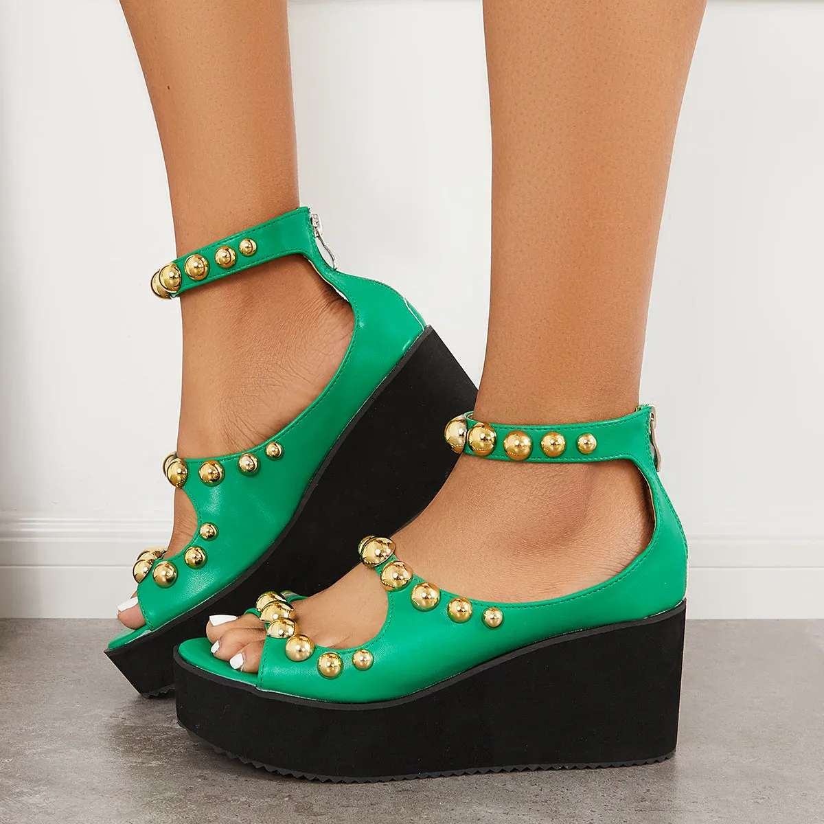 Sohiwoo Women Cutout Rivet Thick Sole Ankle Strap Sandals Platform Wedge Shoes