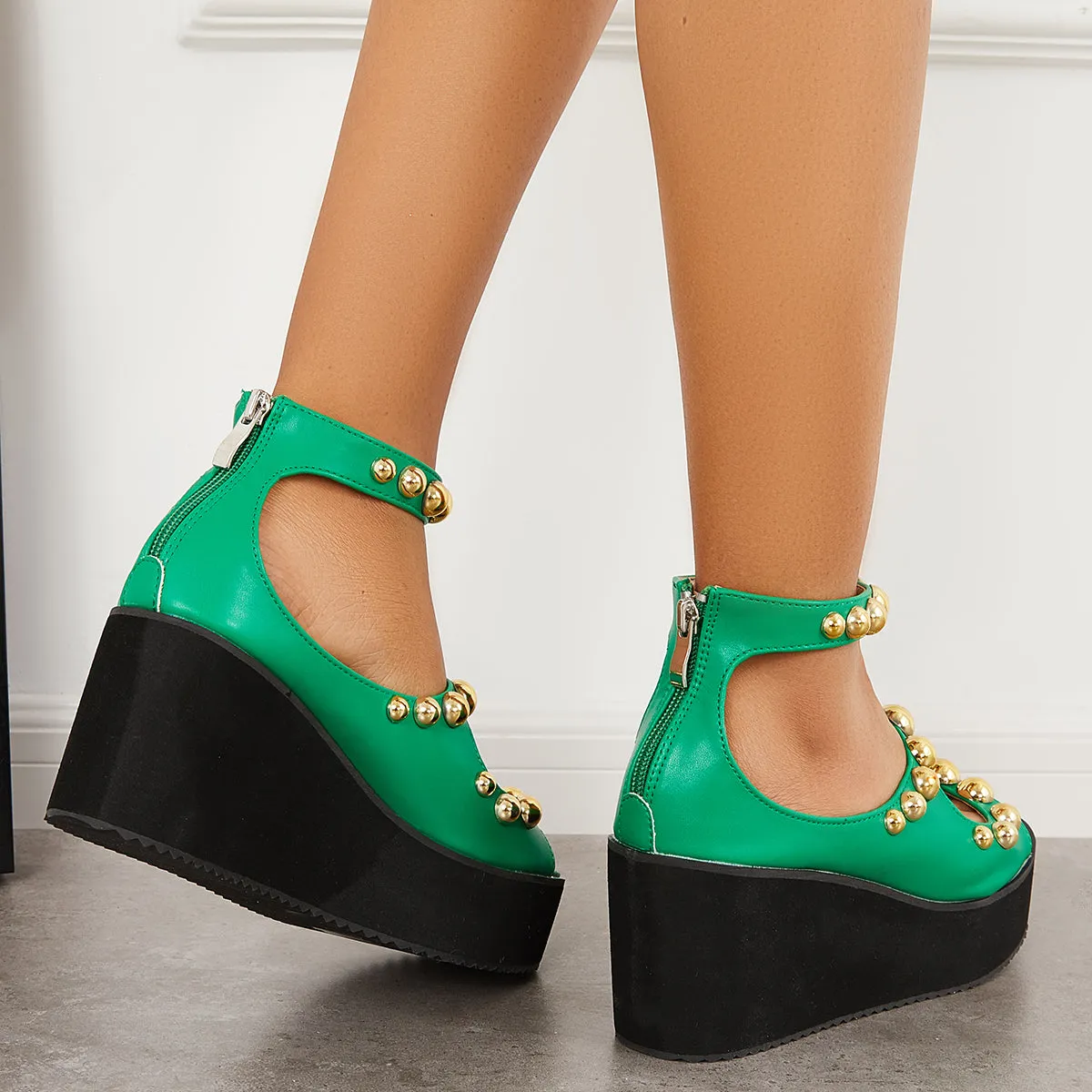 Sohiwoo Women Cutout Rivet Thick Sole Ankle Strap Sandals Platform Wedge Shoes