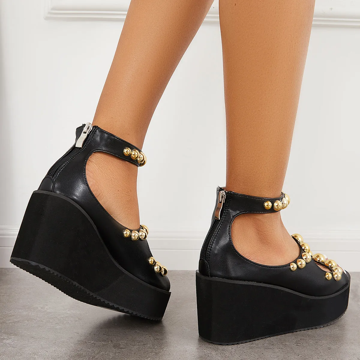 Sohiwoo Women Cutout Rivet Thick Sole Ankle Strap Sandals Platform Wedge Shoes