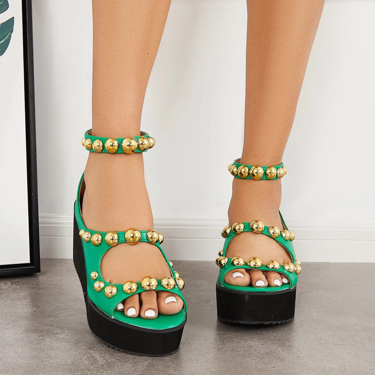 Sohiwoo Women Cutout Rivet Thick Sole Ankle Strap Sandals Platform Wedge Shoes