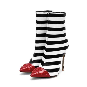 Stripes Rivet Pointed Toe High Heel Calf Boots