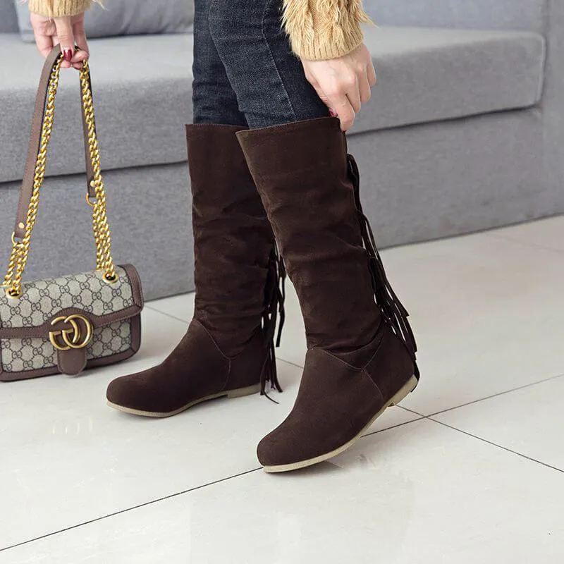 Suede Fringe Knee High Round Toe Boots